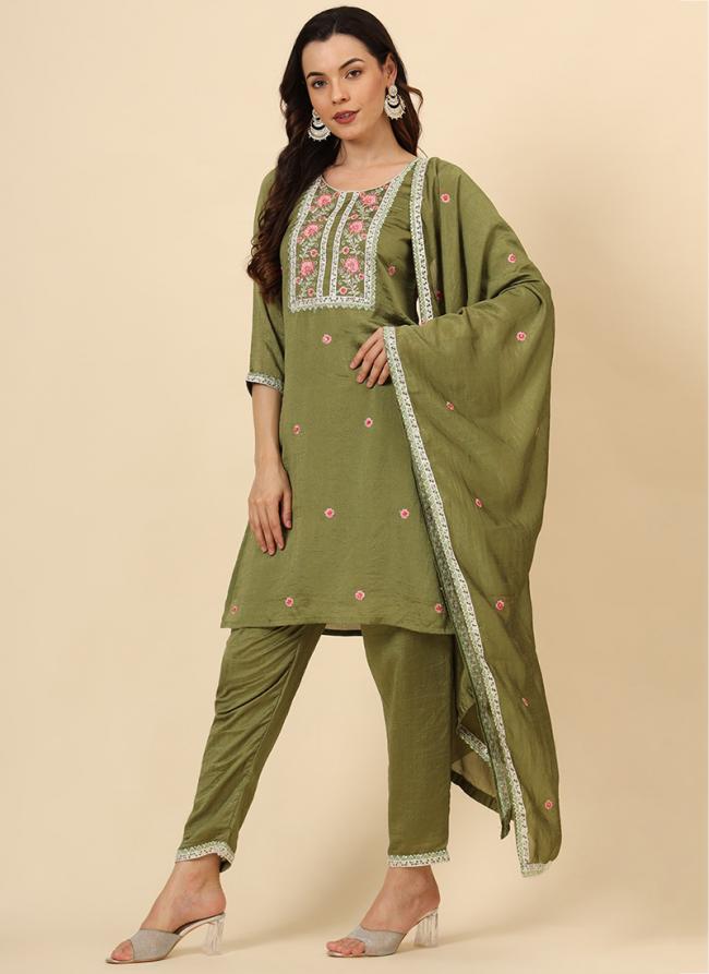 Vichitra Silk Green Traditional Wear Embroidery Work Readymade Kurti Set